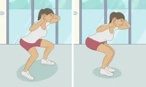 Mujer en posición de sentadilla con salto, con las manos detrás de las orejas.
