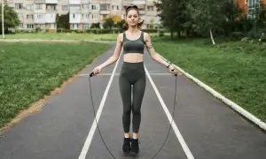 Joven atlética salta la cuerda en una pista de atletismo, con edificios residenciales al fondo.