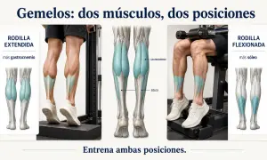 Ilustración de gemelos y sóleo en diferentes posiciones para ejercicios.