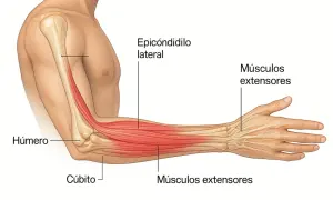 Anatomía del antebrazo izquierdo, mostrando el húmero, cúbito, epicóndilo lateral y músculos extensores. Podría indicar la causa del dolor antebrazo izquierdo.