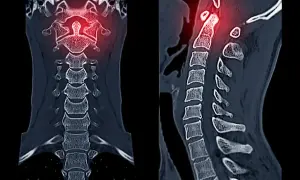 TAC cervical muestra una lesión en las vértebras superiores, resaltada en rojo.