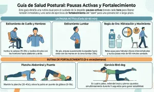 Rutina de pausas activas: estiramientos lumbares, de cuello y hombros, hidratación y movimiento. Fortalece tu core con plancha, puente y bird-dog.