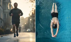 Hombre corriendo en la calle y nadador en piscina. ¿Nadar es cardio o fuerza? Ambas actividades son excelentes para el cuerpo.