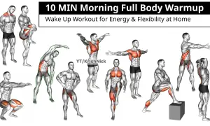 Hombres realizando estiramientos matutinos, incluyendo sentadillas, giros de torso y estiramientos de piernas, para un calentamiento completo.