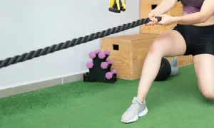 Mujer realizando ejercicios de fisioterapia con una cuerda de entrenamiento. Se ven pesas y cajones de pliometría al fondo.