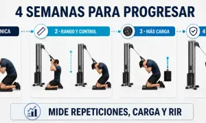 Progresión de 4 semanas para abdominales superiores con polea: técnica, rango, carga y consolidación. Mide repeticiones, carga y RIR.