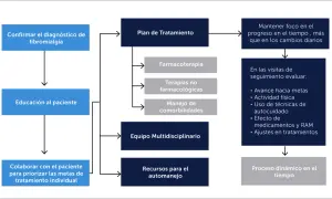Diagrama de flujo para el manejo de la fibromialgia, incluyendo puntos gatillo, farmacoterapia y terapias no farmacológicas.