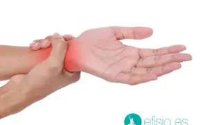 Persona con dolor en la muñeca al apoyar la mano. La zona afectada se ilumina en rojo.