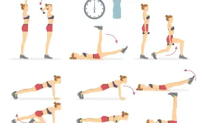 Rutina de ejercicios que muestra que es un tabata: sentadillas con mancuernas, elevación de piernas, zancadas, planchas y abdominales.