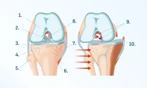 Ilustración de rodilla sana y lesionada. La imagen de la derecha muestra una rotura de ligamentos, causando dolor al apoyar la rodilla en el suelo.