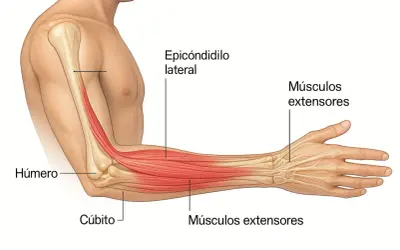 Anatomía del antebrazo izquierdo, mostrando el húmero, cúbito, epicóndilo lateral y músculos extensores. Podría indicar la causa del dolor antebrazo izquierdo.