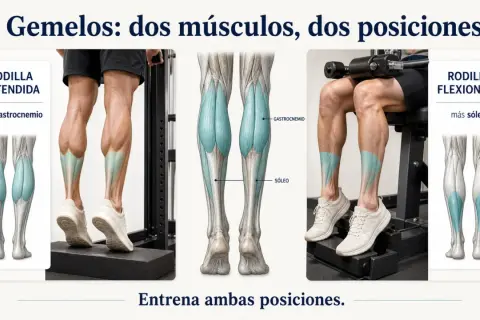 Ilustración de gemelos y sóleo en diferentes posiciones para ejercicios.
