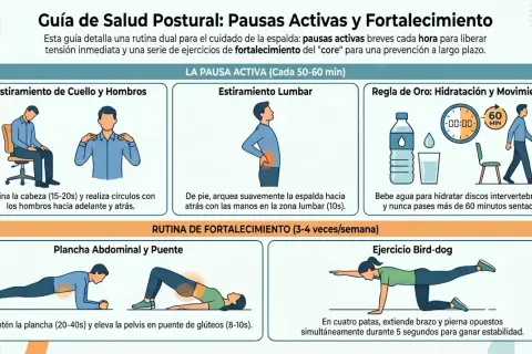 Rutina de pausas activas: estiramientos lumbares, de cuello y hombros, hidratación y movimiento. Fortalece tu core con plancha, puente y bird-dog.
