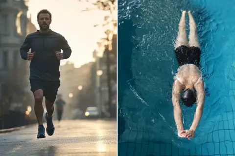 Hombre corriendo en la calle y nadador en piscina. ¿Nadar es cardio o fuerza? Ambas actividades son excelentes para el cuerpo.