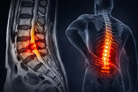 Resonancia lumbar muestra hernia discal con dolor intenso en la espalda.
