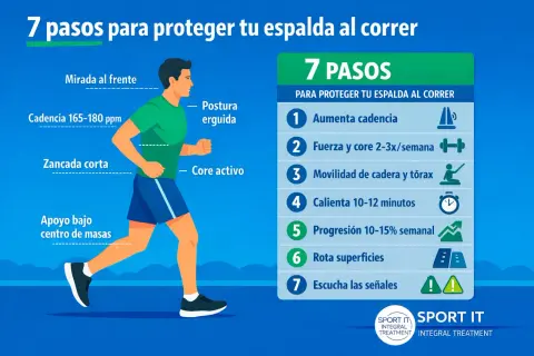 Corredor con postura erguida, zancada corta y core activo para evitar el dolor lumbar al correr. Sigue 7 pasos para proteger tu espalda.