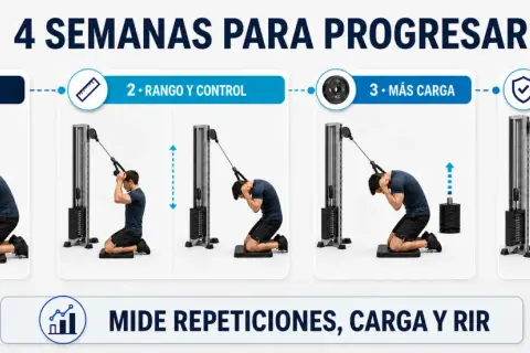 Progresión de 4 semanas para abdominales superiores con polea: técnica, rango, carga y consolidación. Mide repeticiones, carga y RIR.