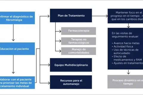 Diagrama de flujo para el manejo de la fibromialgia, incluyendo puntos gatillo, farmacoterapia y terapias no farmacológicas.