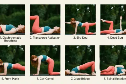 Secuencia de yoga para fortalecer la espalda baja: respiración, plancha, puente de glúteos y más.