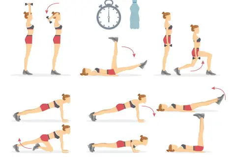 Rutina de ejercicios que muestra que es un tabata: sentadillas con mancuernas, elevación de piernas, zancadas, planchas y abdominales.