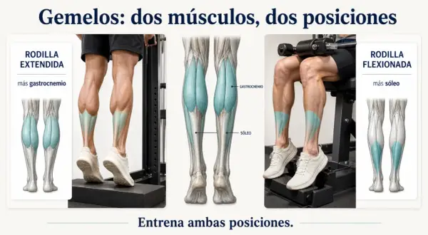 Ilustración de gemelos y sóleo en diferentes posiciones para ejercicios.
