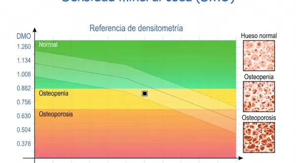 Gráfico de densitometría ósea que muestra la relación entre DMO y edad, con zonas de normalidad, osteopenia y osteoporosis.