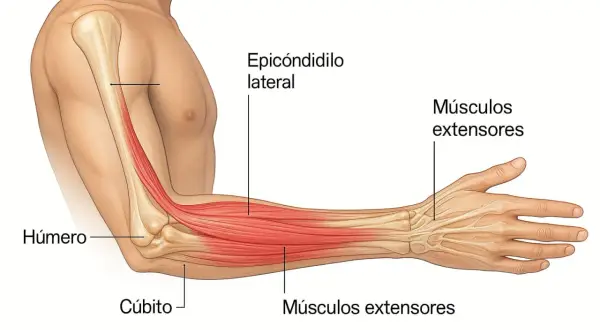 Anatomía del antebrazo izquierdo, mostrando el húmero, cúbito, epicóndilo lateral y músculos extensores. Podría indicar la causa del dolor antebrazo izquierdo.
