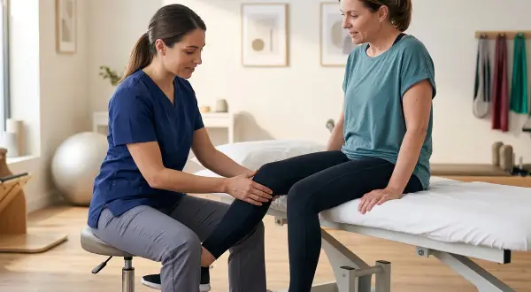 Fisioterapeuta examina rodilla de paciente. Se puede caminar con quiste de Baker gracias a tratamiento.