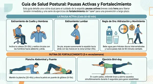 Rutina de pausas activas: estiramientos lumbares, de cuello y hombros, hidratación y movimiento. Fortalece tu core con plancha, puente y bird-dog.