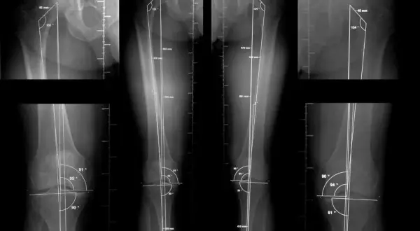 Radiografías de miembros inferiores con mediciones angulares y de longitud para telemetria.