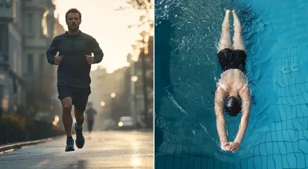 Hombre corriendo en la calle y nadador en piscina. ¿Nadar es cardio o fuerza? Ambas actividades son excelentes para el cuerpo.