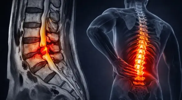 Resonancia lumbar muestra hernia discal con dolor intenso en la espalda.