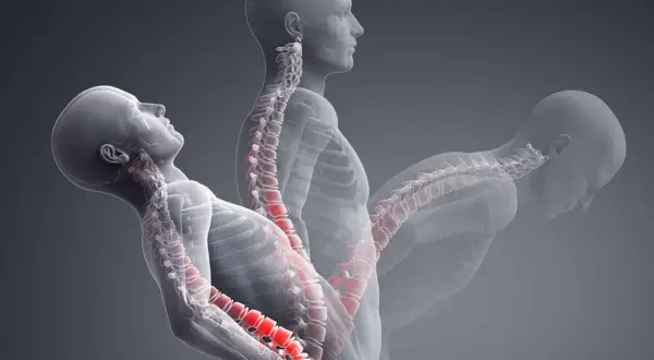 Ilustración de la columna vertebral humana en tres posturas, mostrando la tensión en las articulaciones interapofisarias.