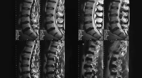 Imágenes de resonancia magnética de la rm columna dorsal, mostrando vértebras y discos intervertebrales.