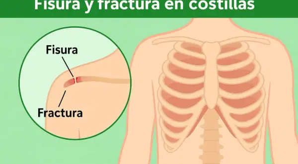 Ilustración muestra una costilla rota, con un primer plano de una fisura y una fractura en una costilla.