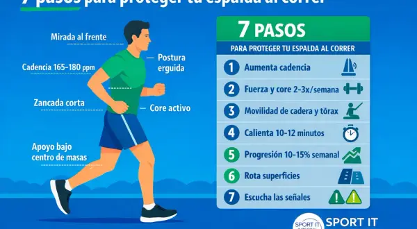 Corredor con postura erguida, zancada corta y core activo para evitar el dolor lumbar al correr. Sigue 7 pasos para proteger tu espalda.