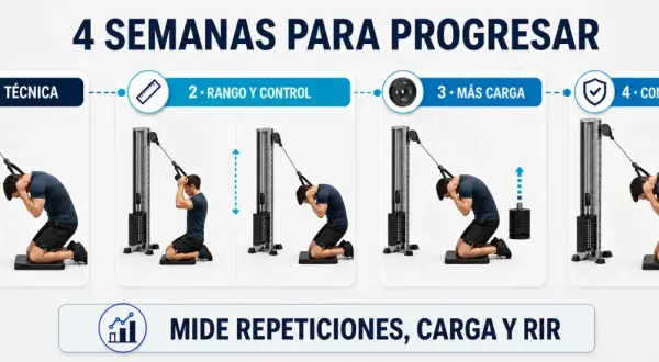 Progresión de 4 semanas para abdominales superiores con polea: técnica, rango, carga y consolidación. Mide repeticiones, carga y RIR.