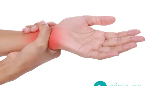 Persona con dolor en la muñeca al apoyar la mano. La zona afectada se ilumina en rojo.