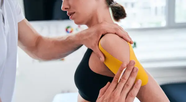Fisioterapeuta aplica cinta kinesiológica para aliviar el dolor deltoides de una paciente.