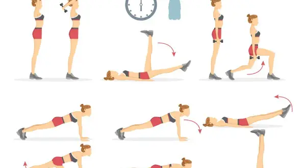Rutina de ejercicios que muestra que es un tabata: sentadillas con mancuernas, elevación de piernas, zancadas, planchas y abdominales.