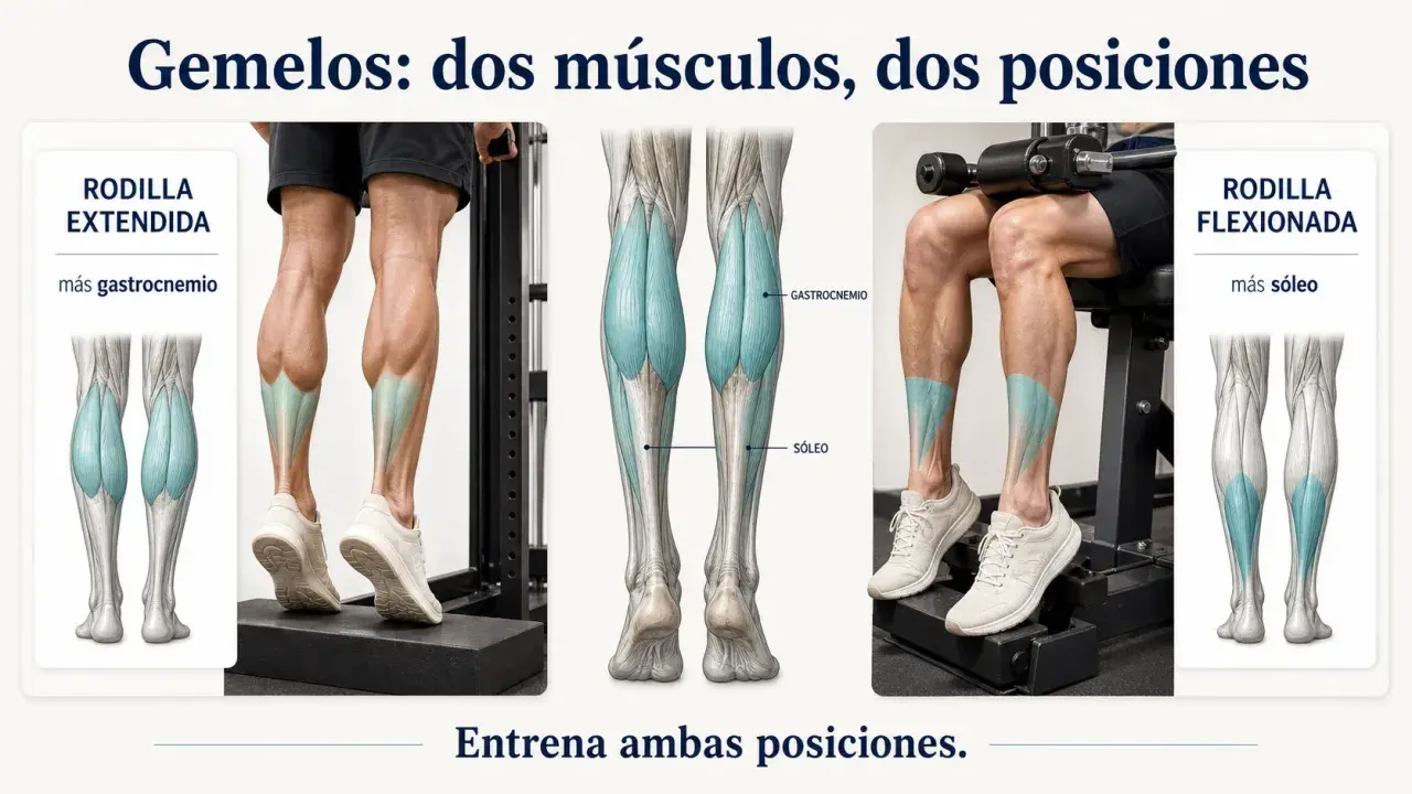 Ilustración de gemelos y sóleo en diferentes posiciones para ejercicios.
