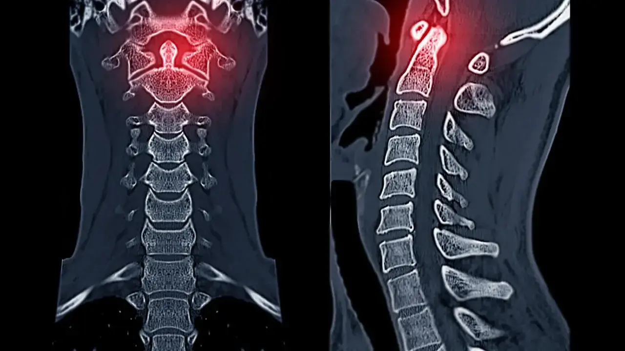 TAC cervical muestra una lesión en las vértebras superiores, resaltada en rojo.