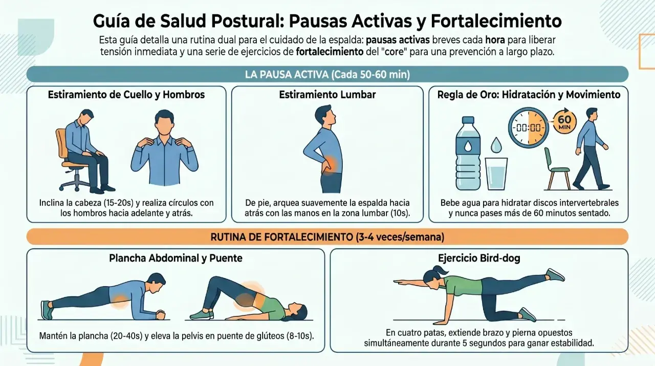 Rutina de pausas activas: estiramientos lumbares, de cuello y hombros, hidratación y movimiento. Fortalece tu core con plancha, puente y bird-dog.
