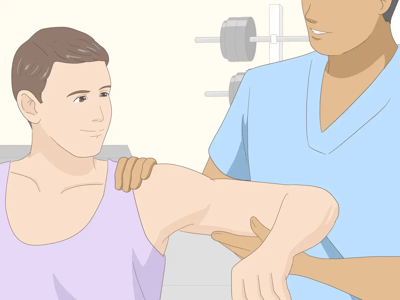 Fisioterapeuta ayuda a un paciente con un hombro dislocado a realizar ejercicios de rehabilitación.
