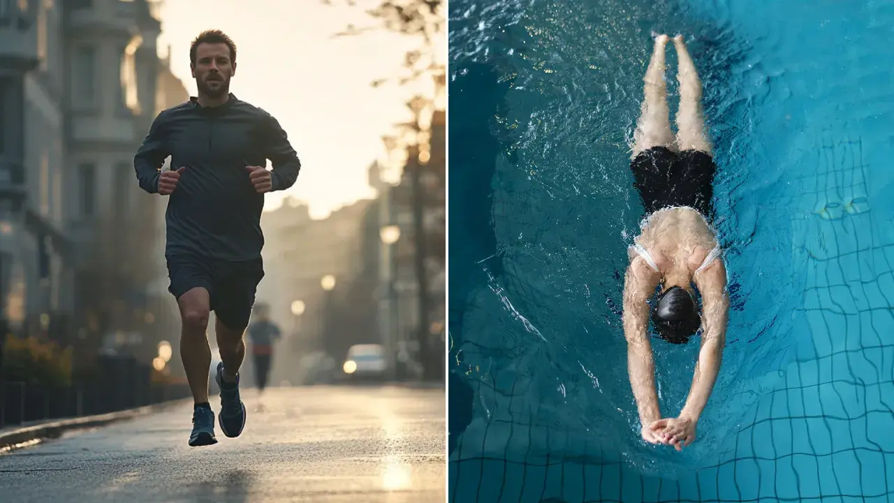 Hombre corriendo en la calle y nadador en piscina. ¿Nadar es cardio o fuerza? Ambas actividades son excelentes para el cuerpo.