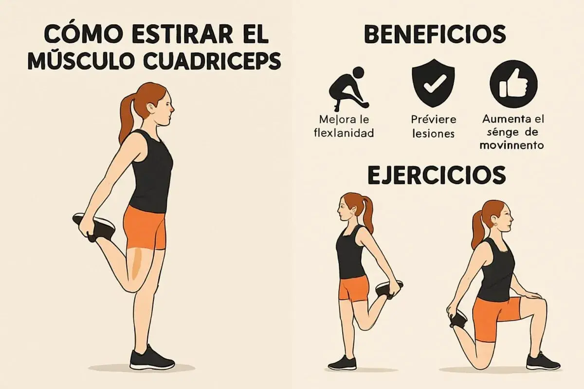 Ilustración muestra cómo estirar el músculo cuádriceps. Beneficios: mejora flexibilidad, previene lesiones, aumenta rango de movimiento. Ejercicios: dos posturas de estiramiento.
