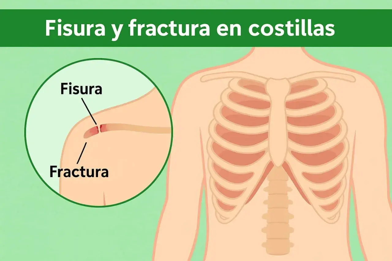 Ilustración muestra una costilla rota, con un primer plano de una fisura y una fractura en una costilla.