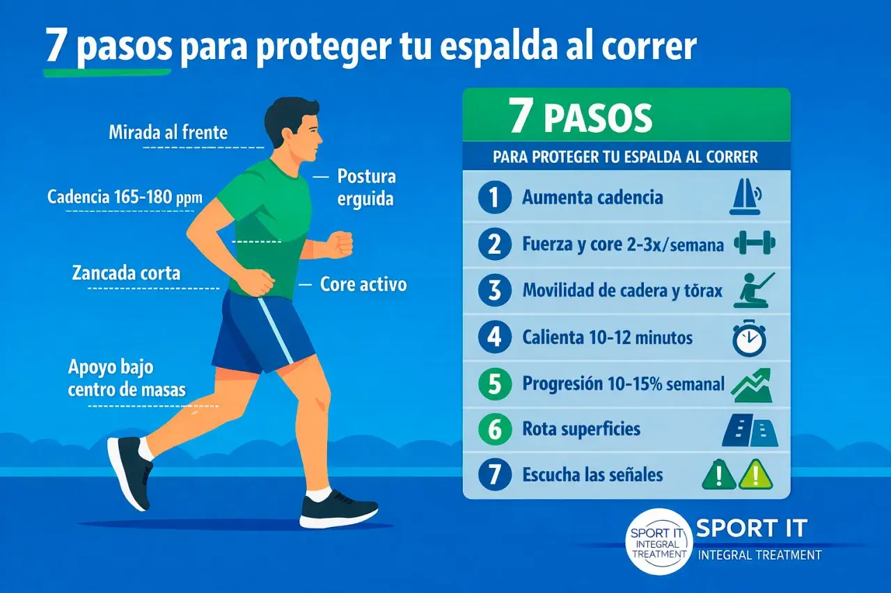 Corredor con postura erguida, zancada corta y core activo para evitar el dolor lumbar al correr. Sigue 7 pasos para proteger tu espalda.