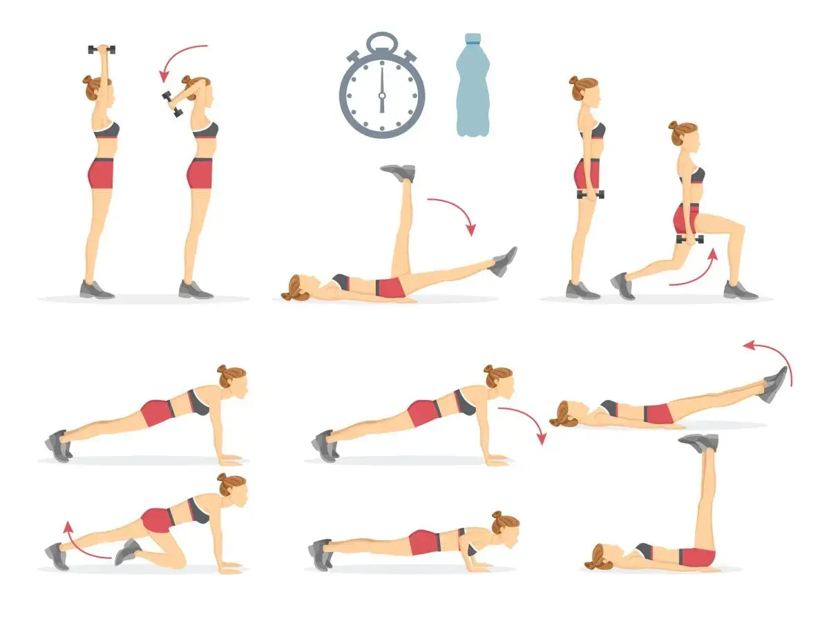 Rutina de ejercicios que muestra que es un tabata: sentadillas con mancuernas, elevación de piernas, zancadas, planchas y abdominales.
