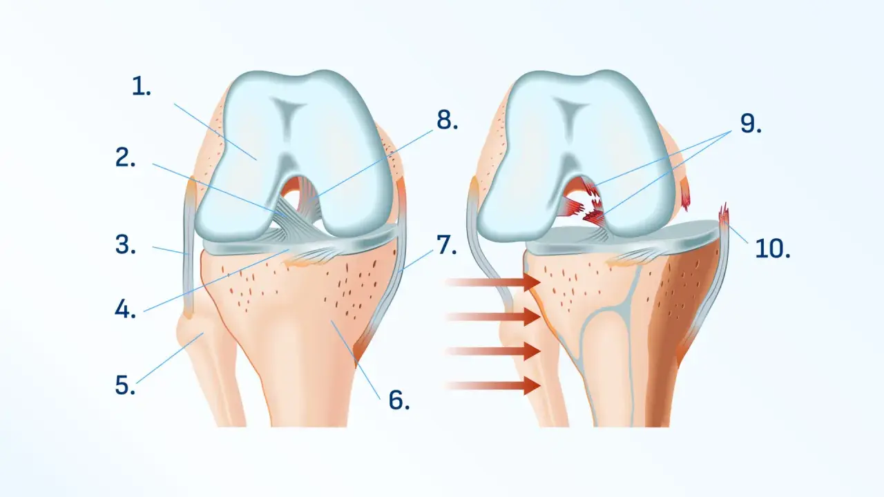 Ilustración de rodilla sana y lesionada. La imagen de la derecha muestra una rotura de ligamentos, causando dolor al apoyar la rodilla en el suelo.